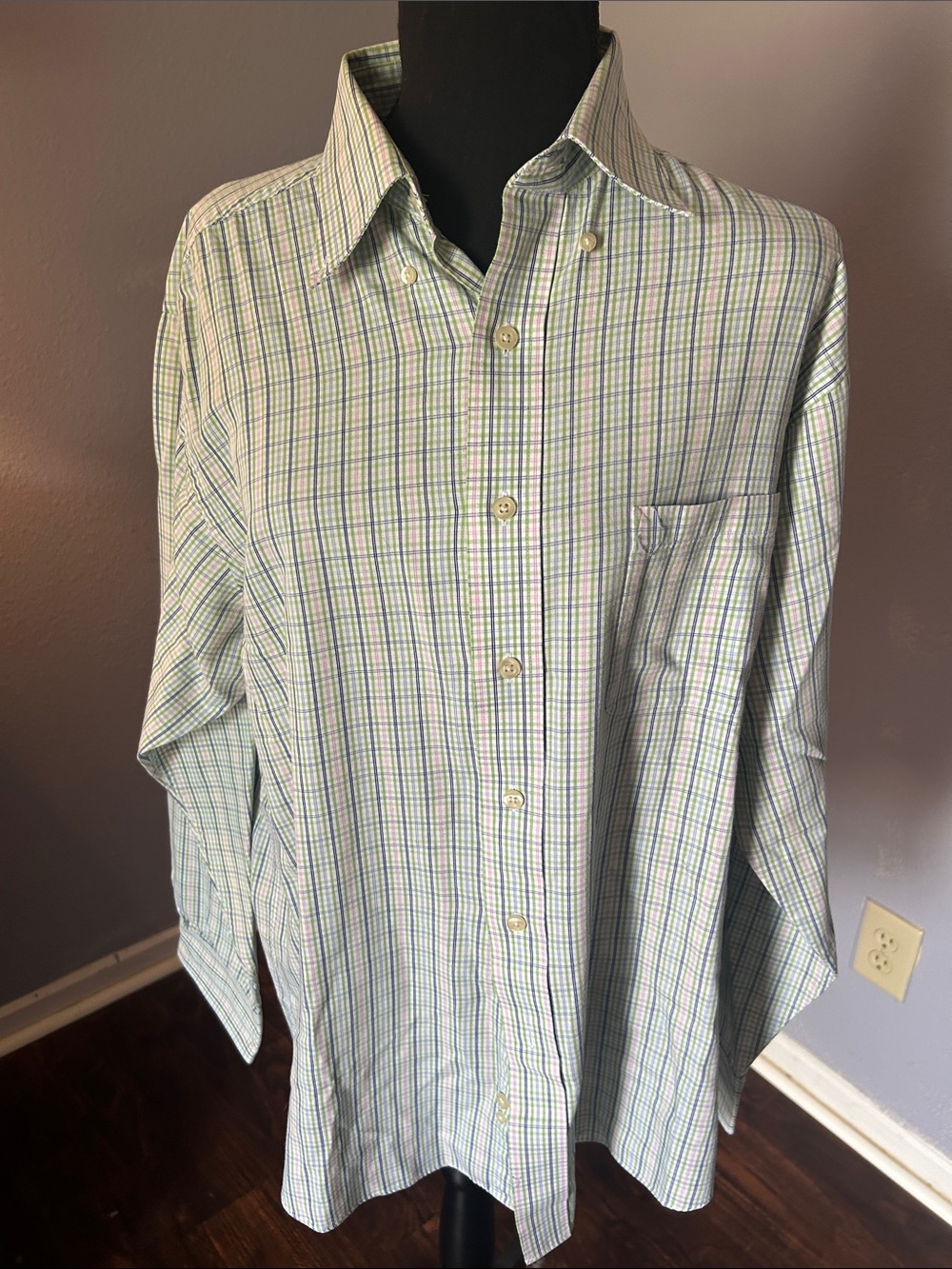 Chaps Men Long Sleeve Plaid Button-Down Shirt Light Green Plaid Size Large